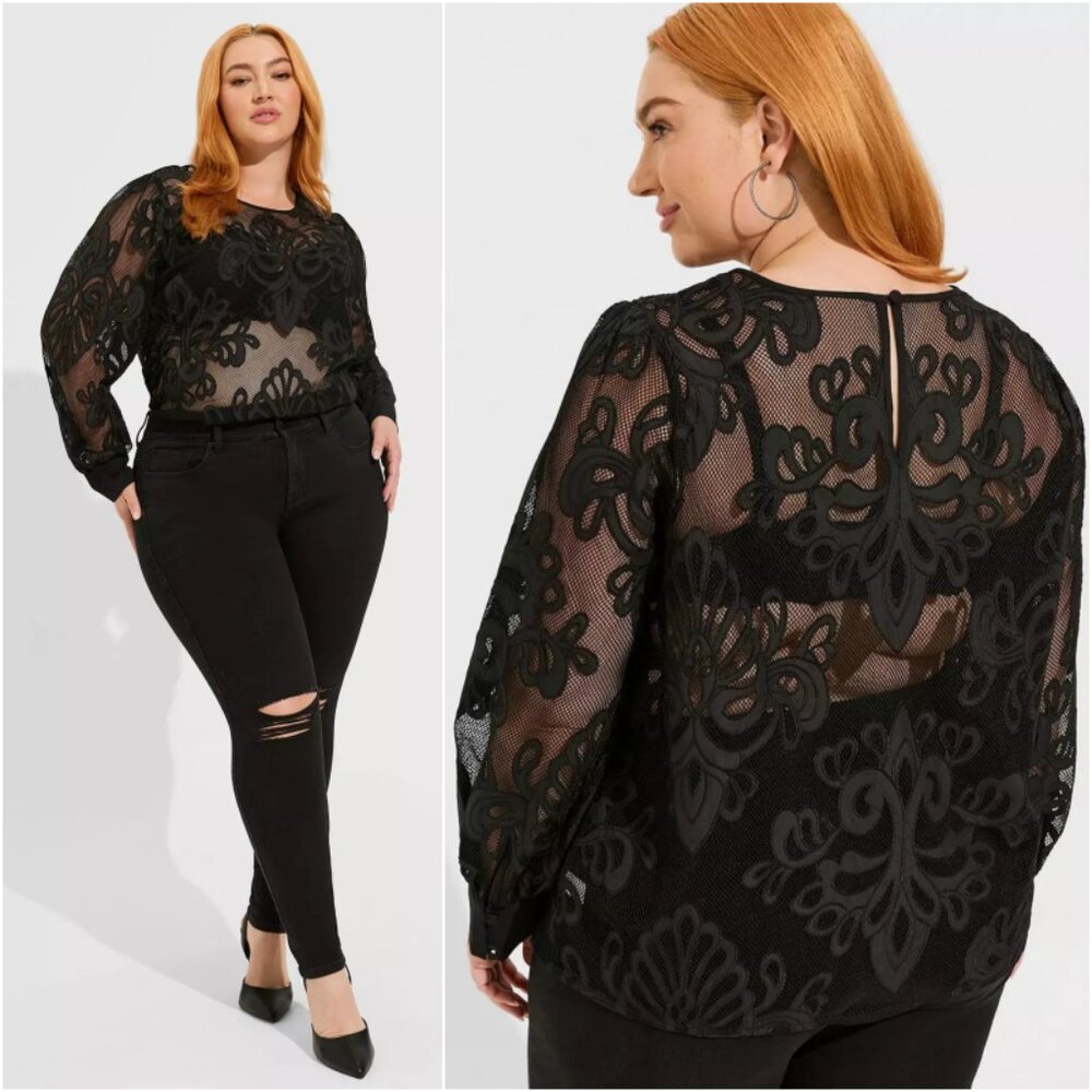Torrid 1 Black Mesh With Embroidery Long Sleeve Blouse 1X 14 16